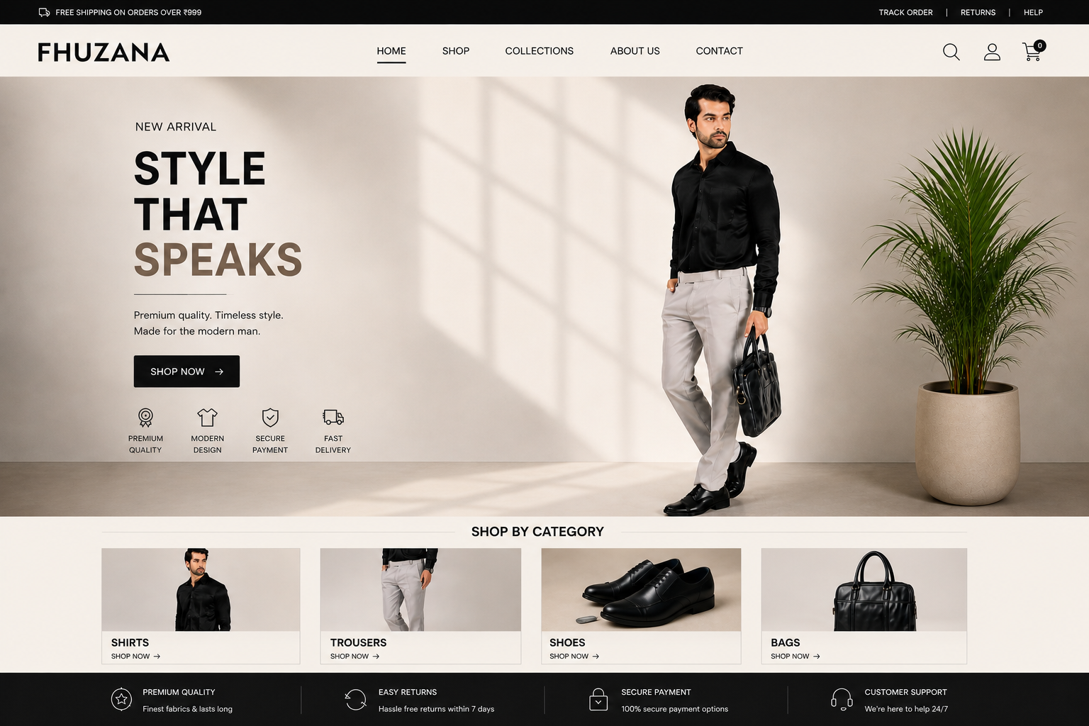 Fhuzana premium men's trousers with stylish model showcasing modern fashion, confidence, and comfort.