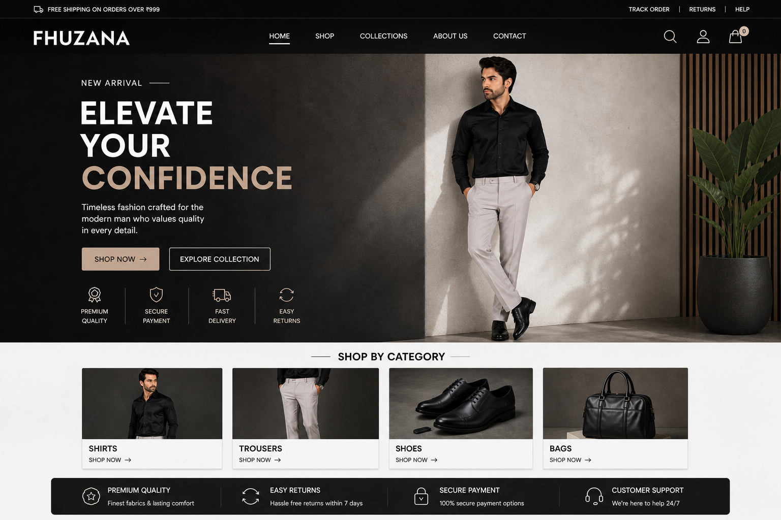 Fhuzana men's premium trousers collection with stylish model showcasing modern fashion and comfort.
