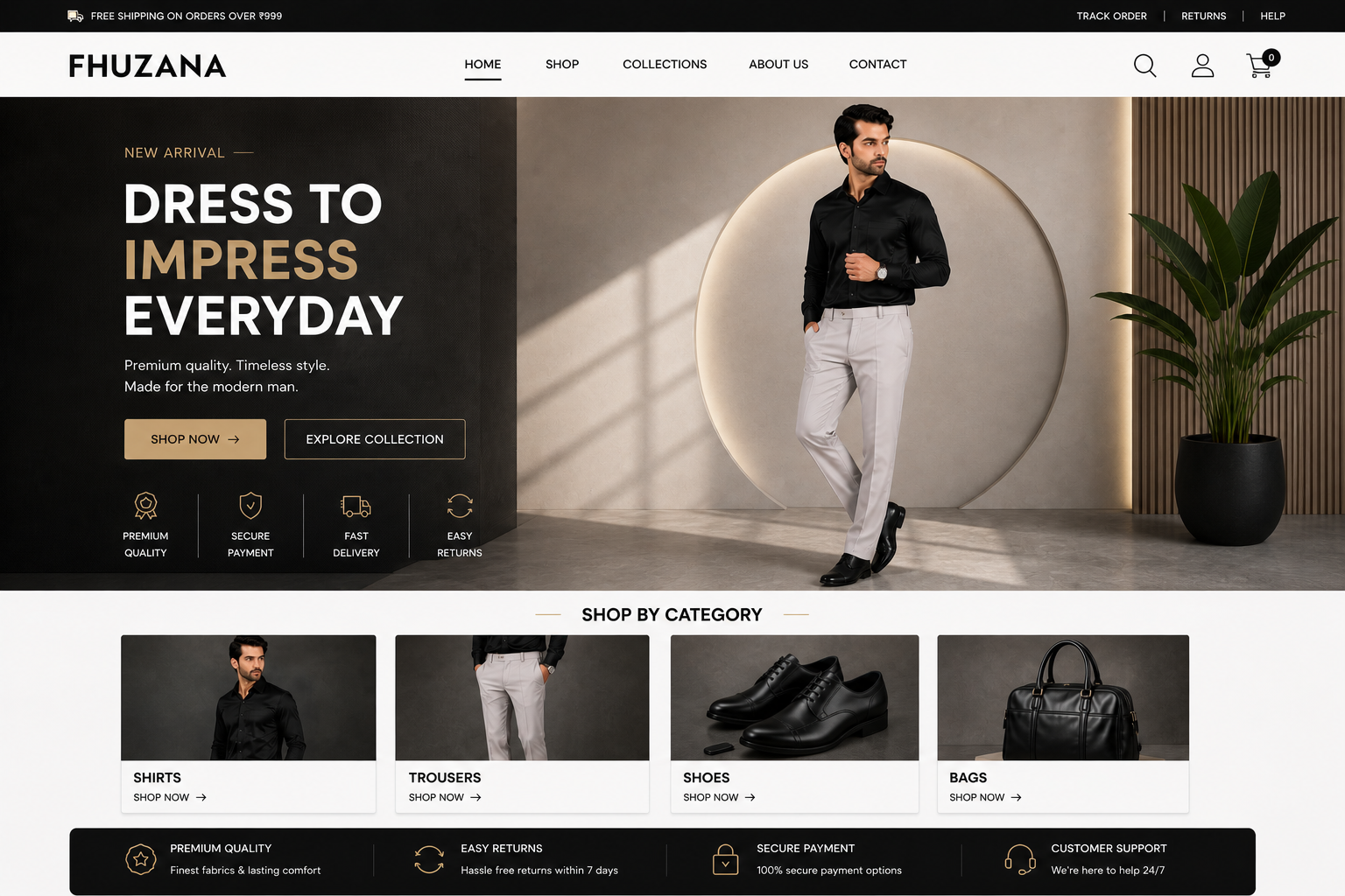 Fhuzana premium men's trousers and fashion collection featuring a stylish model in modern formal wear.