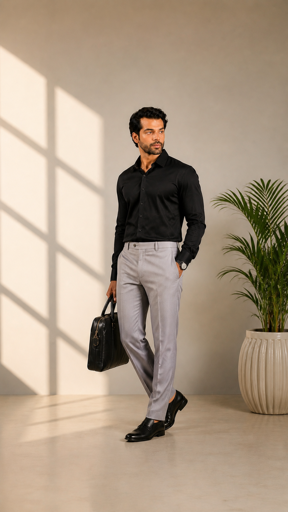 Elegant man wearing light grey premium trousers and a black formal shirt, showcasing modern business fashion by Fhuzana.