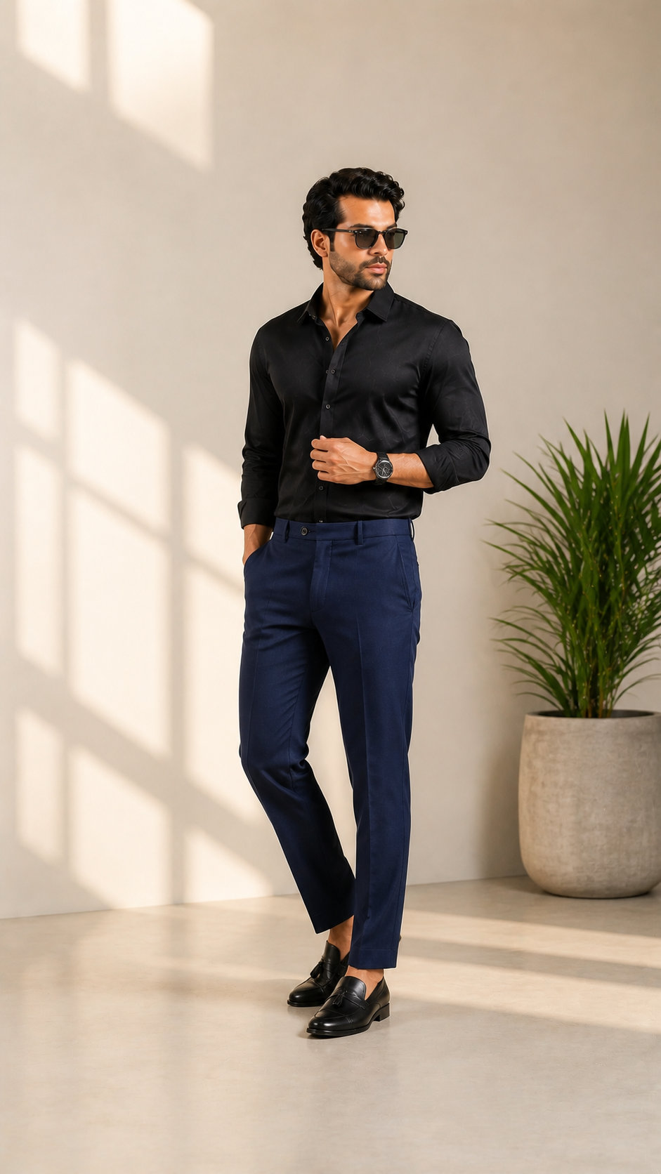 Stylish man wearing navy blue premium trousers and a black shirt, showcasing modern men's fashion by Fhuzana.