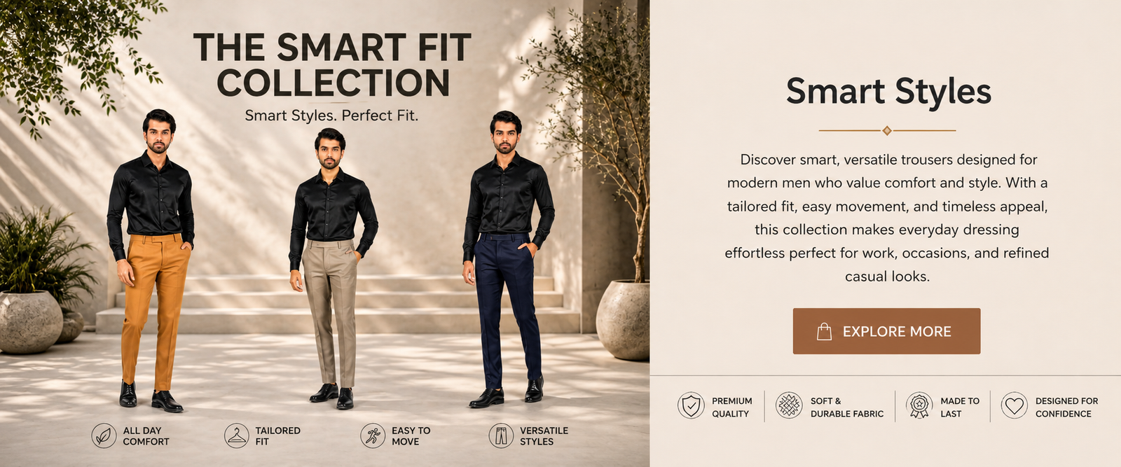 Fhuzana Smart Fit Collection featuring premium men's trousers in multiple colors with tailored fit and modern style.